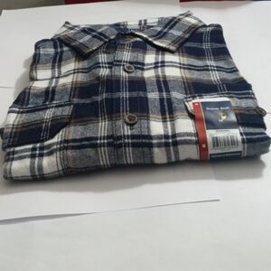 George Men's Button Down Blue Tan & Black Plaid Flannel Double Pocket Shirt-SZ:M
